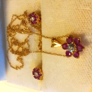 14Kt Real Gold Ruby and Diamond Necklace And Earring Jewelry Set